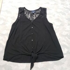 Vintage Y2k Daytrip Top Womens Large Black Button Sleeveless Sheer Front Tie